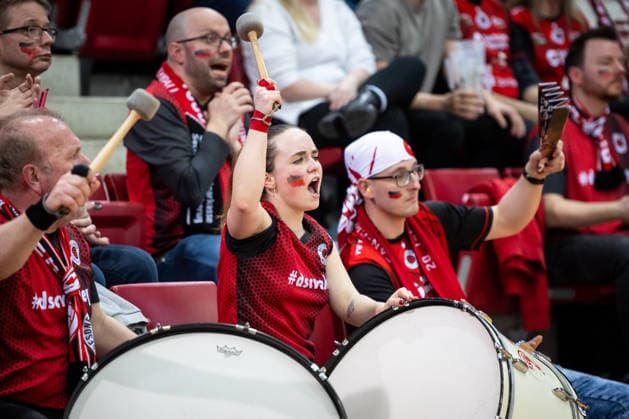 Dresden fans with timpani GER, Allianz MTV Stuttgart Dresdner SC, Volleyball Bundesliga, VBL, 2025 2026 season, playoffs semi-final, match 1, 05 04 2026 GER, Allianz MTV Stuttgart Dresdner SC, Volleyball Bundesliga, VBL, 2025 2026 season, playoffs semi-final, match 1, 05 04 2026 Stuttgart Copyright: xSandyxDinkelackerx EP_SDR