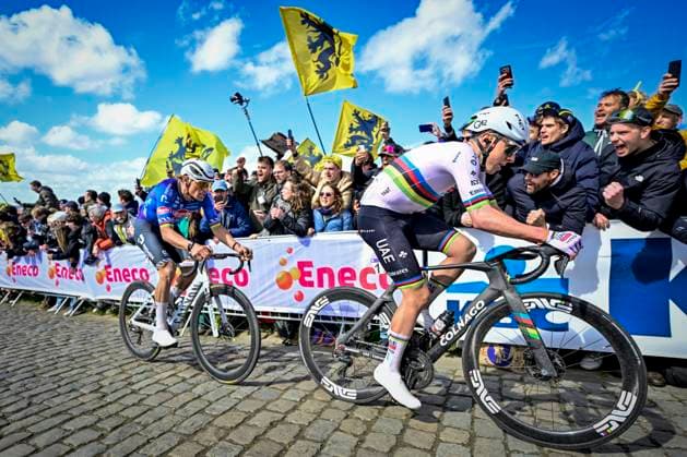 Ronde van Vlaanderen 2026 Cycling Race OUDENAARDE, BELGIUM - APRIL 05 : Van Der Poel Mathieu (NED) of Alpecin Premier Tech and Pogacar Tadej (SLO) of UAE Team Emirates XRG during the 110th edition of Ronde van Vlaanderen an UCI World Tour 1.UWT one day cycling road race for Men Elite of 271 km with start in Antwerpen and finish in Oudenaarde on April 5, 2026 in Oudenaarde, Belgium, 05 04 2026 ( Motordriver Guy De Vuyst - Oudenaarde Belgium  Copyright: xJanxDexMeuleneirx
