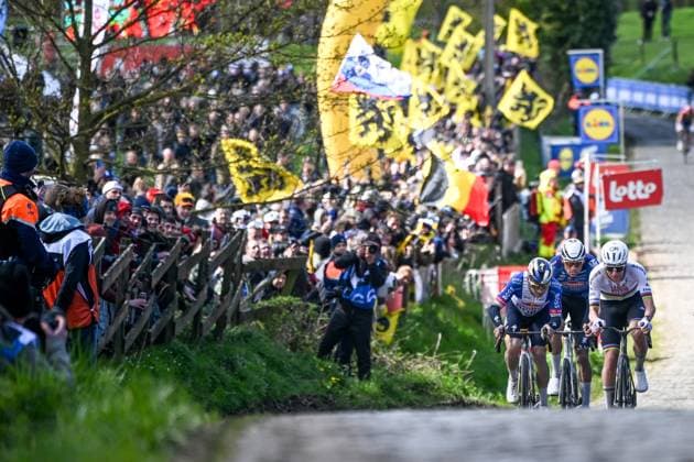 Belgian Remco Evenepoel of Red Bull-BORA-hansgrohe, Dutch Mathieu van der Poel of Alpecin-Premier Tech and Slovenian Tadej Pogacar of UAE Team Emirates pictured at the Paterberg during the men s race of the Ronde van Vlaanderen Tour des Flandres Tour of Flanders UCI WorldTour one day cycling race, 278 km from Antwerp to Oudenaarde, Sunday 05 April 2026. ELIASxROM  x169904755x