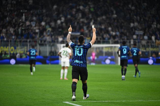CALCIO - Serie A - Inter - FC Internazionale vs AS Roma Lautaro Martinez of Fc Inter celebrating after a goal during the Italian Serie A football match between Inter FC Internazionale and AS Roma on 5 of Avril 2026 at Giuseppe Meazza San Siro Siro stadium in Milan, Italy. Photo Tiziano Ballabio Milan Italy  Copyright: xIPAxSport ABACAx
