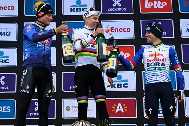 Ronde van Vlaanderen 2026 Cycling Race OUDENAARDE, BELGIUM - APRIL 05 : Van Der Poel Mathieu (NED) of Alpecin Premier Tech, Pogacar Tadej (SLO) of UAE Team Emirates XRG and Evenepoel Remco (BEL) of Red Bull BORA Hansgrohe pictured during the podium ceremony after the 110th edition of Ronde van Vlaanderen an UCI World Tour 1.UWT one day cycling road race for Men Elite of 271 km with start in Antwerpen and finish in Oudenaarde on April 5, 2026 in Oudenaarde, Belgium, 05 04 2026 ( Motordriver Guy De Vuyst - Oudenaarde Belgium  Copyright: xNicoxVereeckenx