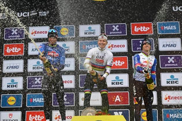 Ronde van Vlaanderen 2026 Cycling Race OUDENAARDE, BELGIUM - APRIL 05 : Van Der Poel Mathieu (NED) of Alpecin Premier Tech, Pogacar Tadej (SLO) of UAE Team Emirates XRG and Evenepoel Remco (BEL) of Red Bull BORA Hansgrohe pictured during the podium ceremony after the 110th edition of Ronde van Vlaanderen an UCI World Tour 1.UWT one day cycling road race for Men Elite of 271 km with start in Antwerpen and finish in Oudenaarde on April 5, 2026 in Oudenaarde, Belgium, 05 04 2026 ( Motordriver Guy De Vuyst - Oudenaarde Belgium  Copyright: xNicoxVereeckenx