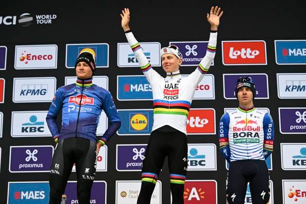 Ronde van Vlaanderen 2026 Cycling Race OUDENAARDE, BELGIUM - APRIL 05 : Van Der Poel Mathieu (NED) of Alpecin Premier Tech, Pogacar Tadej (SLO) of UAE Team Emirates XRG and Evenepoel Remco (BEL) of Red Bull BORA Hansgrohe pictured during the podium ceremony after the 110th edition of Ronde van Vlaanderen an UCI World Tour 1.UWT one day cycling road race for Men Elite of 271 km with start in Antwerpen and finish in Oudenaarde on April 5, 2026 in Oudenaarde, Belgium, 05 04 2026 ( Motordriver Guy De Vuyst - Oudenaarde Belgium  Copyright: xNicoxVereeckenx