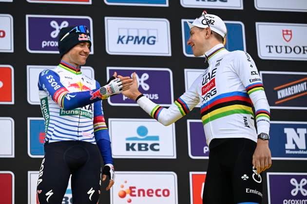 Ronde van Vlaanderen 2026 Cycling Race OUDENAARDE, BELGIUM - APRIL 05 : Van Der Poel Mathieu (NED) of Alpecin Premier Tech, Pogacar Tadej (SLO) of UAE Team Emirates XRG and Evenepoel Remco (BEL) of Red Bull BORA Hansgrohe pictured during the podium ceremony after the 110th edition of Ronde van Vlaanderen an UCI World Tour 1.UWT one day cycling road race for Men Elite of 271 km with start in Antwerpen and finish in Oudenaarde on April 5, 2026 in Oudenaarde, Belgium, 05 04 2026 ( Motordriver Guy De Vuyst - Oudenaarde Belgium  Copyright: xNicoxVereeckenx