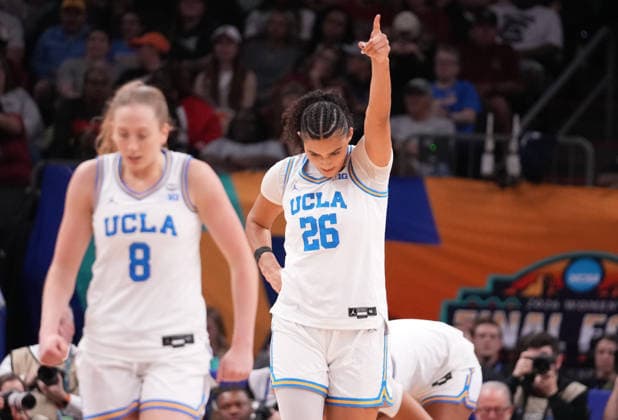 UCLA center Lauren Betts (26) celebrates after a score against South Carolina in the second half of the Finals of the 2026 NCAA, College League, USA Women s Basketball Tournament at Mortgage Matchup Center in Phoenix, Arizona, on Sunday, April 5, 2026.  AZP20260405938 DARRYLxWEBB