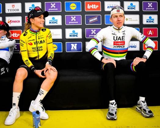 Ronde van Vlaanderen 2026 Cycling Race OUDENAARDE, BELGIUM - APRIL 05 : Ferrand-Prevot Pauline (FRA) of Team Visma Lease a Bike and Pogacar Tadej (SLO) of UAE Team Emirates XRG during the 110th edition of Ronde van Vlaanderen an UCI World Tour 1.UWT one day cycling road race for Men Elite of 271 km with start in Antwerpen and finish in Oudenaarde on April 5, 2026 in Oudenaarde, Belgium, 05 04 2026 Oudenaarde Belgium  Copyright: xTomasxSiskx