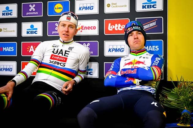 Ronde van Vlaanderen 2026 Cycling Race OUDENAARDE, BELGIUM - APRIL 05 : Pogacar Tadej (SLO) of UAE Team Emirates XRG and Evenepoel Remco (BEL) of Red Bull BORA Hansgrohe during the 110th edition of Ronde van Vlaanderen an UCI World Tour 1.UWT one day cycling road race for Men Elite of 271 km with start in Antwerpen and finish in Oudenaarde on April 5, 2026 in Oudenaarde, Belgium, 05 04 2026 Oudenaarde Belgium  Copyright: xTomasxSiskx
