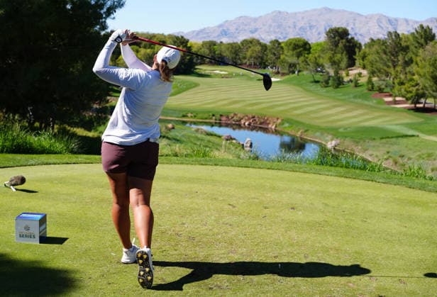 LAS VEGAS, NV - APRIL 05: LPGA, Golf Damen golfer Lauren Coughlin plays her tee shot on the 9th hole during the final round of the Aramco Championship on April 5, 2026, at Shadow Creek Golf Course in Las Vegas, Nevada. (Photo by Brian Spurlock Icon Sportswire) GOLF: APR 05 LPGA Aramco Championship EDITORIAL USE ONLY Icon26040510