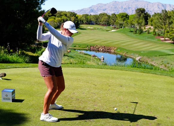 LAS VEGAS, NV - APRIL 05: LPGA, Golf Damen golfer Lauren Coughlin plays her tee shot on the 9th hole during the final round of the Aramco Championship on April 5, 2026, at Shadow Creek Golf Course in Las Vegas, Nevada. (Photo by Brian Spurlock Icon Sportswire) GOLF: APR 05 LPGA Aramco Championship EDITORIAL USE ONLY Icon2604058