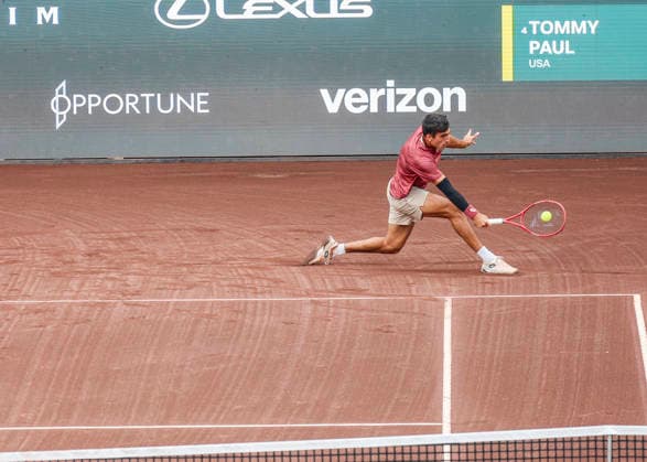 HOUSTON, TX - APRIL 05: Roman Andres Burruchaga (ARG) in action during the singles finals of the Men™s Clay Court Championship on April 5, 2026 at River Oaks Country Club in Houston, Texas. (Photo by Leslie Plaza Johnson Icon Sportswire) TENNIS: APR 05 US Men s Clay Court Championship EDITORIAL USE ONLY Icon260405076