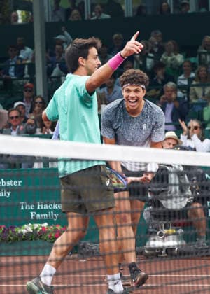 HOUSTON, TX - APRIL 05: (left to right) Andres Andrade (ECU) and Ben Shelton (USA) celebrate their victory during the doubles finals of the Men™s Clay Court Championship on April 5, 2026 at River Oaks Country Club in Houston, Texas. (Photo by Leslie Plaza Johnson Icon Sportswire) TENNIS: APR 05 US Men s Clay Court Championship EDITORIAL USE ONLY Icon260405099