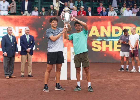 HOUSTON, TX - APRIL 05: (left to right) Ben Shelton (USA) and Andres Andrade (ECU) hold up the winners™ trophy during the doubles finals of the Men™s Clay Court Championship on April 5, 2026 at River Oaks Country Club in Houston, Texas. (Photo by Leslie Plaza Johnson Icon Sportswire) TENNIS: APR 05 US Men s Clay Court Championship EDITORIAL USE ONLY Icon260405106