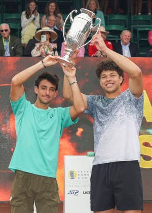 HOUSTON, TX - APRIL 05: (left to right) Andres Andrade (ECU) and Ben Shelton (USA) hold up the winners™ trophy during the doubles finals of the Men™s Clay Court Championship on April 5, 2026 at River Oaks Country Club in Houston, Texas. (Photo by Leslie Plaza Johnson Icon Sportswire) TENNIS: APR 05 US Men s Clay Court Championship EDITORIAL USE ONLY Icon260405004