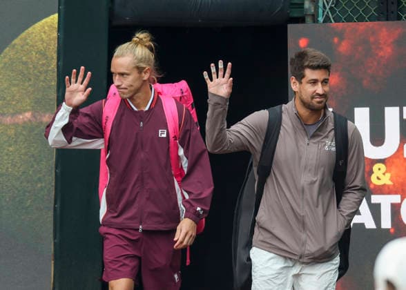 HOUSTON, TX - APRIL 05: (left to right) Rafael Matos (BRA) and Orlando Luz (BRA) enter the court during the doubles finals of the Men™s Clay Court Championship on April 5, 2026 at River Oaks Country Club in Houston, Texas. (Photo by Leslie Plaza Johnson Icon Sportswire) TENNIS: APR 05 US Men s Clay Court Championship EDITORIAL USE ONLY Icon260405010