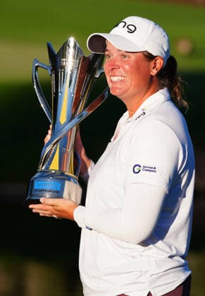 LAS VEGAS, NV - APRIL 05: LPGA, Golf Damen golfer Lauren Coughlin poses with the trophy after winning the Aramco Championship on April 5, 2026, at Shadow Creek Golf Course in Las Vegas, Nevada. (Photo by Brian Spurlock Icon Sportswire) GOLF: APR 05 LPGA Aramco Championship EDITORIAL USE ONLY Icon26040552