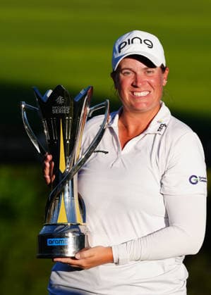 LAS VEGAS, NV - APRIL 05: LPGA, Golf Damen golfer Lauren Coughlin poses with the trophy after winning the Aramco Championship on April 5, 2026, at Shadow Creek Golf Course in Las Vegas, Nevada. (Photo by Brian Spurlock Icon Sportswire) GOLF: APR 05 LPGA Aramco Championship EDITORIAL USE ONLY Icon26040553