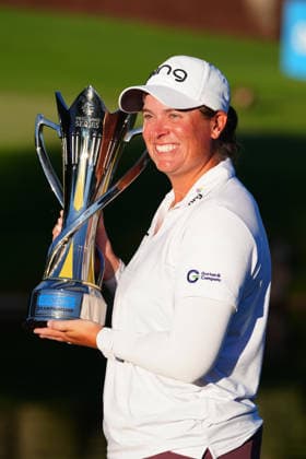 LAS VEGAS, NV - APRIL 05: LPGA, Golf Damen golfer Lauren Coughlin poses with the trophy after winning the Aramco Championship on April 5, 2026, at Shadow Creek Golf Course in Las Vegas, Nevada. (Photo by Brian Spurlock Icon Sportswire) GOLF: APR 05 LPGA Aramco Championship EDITORIAL USE ONLY Icon26040561