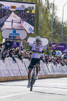 (260406) -- HAALTERT, April 6, 2026 -- UAE Team Emirates Slovenian rider Tadej Pogacar celebrates as he crosses the finish line the Tour of Flanders cycling race in Haaltert on April 5, 2026. ) (SP)BELGIUM-HAALTERT-CYCLING-TOUR OF FLANDERS PengxZiyang 