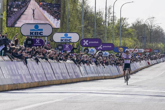(260406) -- HAALTERT, April 6, 2026 -- UAE Team Emirates Slovenian rider Tadej Pogacar celebrates as he crosses the finish line the Tour of Flanders cycling race in Haaltert on April 5, 2026. ) (SP)BELGIUM-HAALTERT-CYCLING-TOUR OF FLANDERS PengxZiyang 