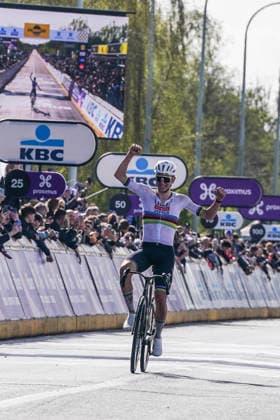 (260406) -- HAALTERT, April 6, 2026 -- UAE Team Emirates Slovenian rider Tadej Pogacar celebrates as he crosses the finish line the Tour of Flanders cycling race in Haaltert on April 5, 2026. ) (SP)BELGIUM-HAALTERT-CYCLING-TOUR OF FLANDERS PengxZiyang 