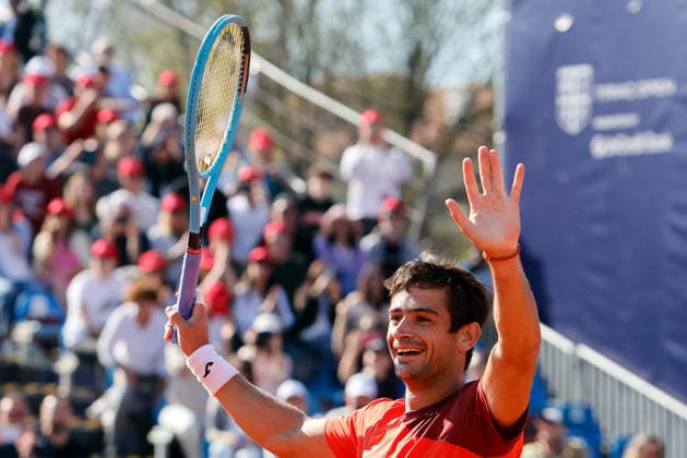 (260406) -- BUCHAREST, April 6, 2026 -- Mariano Navone of Argentina celebrates after winning the final match against Daniel Merida of Spain at the ATP, Tennis Herren 250 Tiriac Open tennis tournament in Bucharest, Romania, April 5, 2026. (Photo by Xinhua) (SP)ROMANIA-BUCHAREST-TENNIS-ATP 250 TIRIAC OPEN CristianxCristel 
