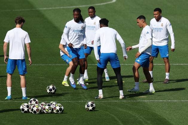 Training match with Eduardo Camavinga 6 CF Real Madrid , David Alaba 4 CF Real Madrid , Aurelien Tchouameni 14 CF Real Madrid , Trent Alexander Arnold 12 CF Real Madrid and Kylian Mbappe 10 CF Real Madrid , Training, CF Real Madrid, Football, Men, UEFA Champions League, Season 2025 2026, Final training before the Quarter Finals 1st Leg against FC Bayern Munich, 06 04 2026 Valdebebas near Madrid Madrid Spain Copyright: xkolbert-press MartinxAgüerax