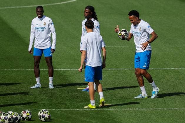 Ferland Mendy 23 CF Real Madrid , Aurelien Tchouameni 14 CF Real Madrid , Eduardo Camavinga 6 CF Real Madrid and Eder Gabriel Militao 3 CF Real Madrid , training, CF Real Madrid, football, men, UEFA Champions League, season 2025 2026, final training before the quarter finals 1st leg against FC Bayern Munich, 06 04 2026 Valdebebas near Madrid Madrid Spain Copyright: xkolbert-press MartinxAgüerax