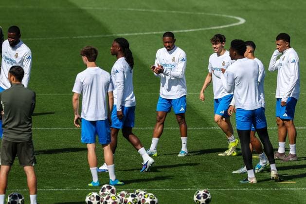 Good mood in training with Eduardo Camavinga 6 CF Real Madrid , David Alaba 4 CF Real Madrid , Antonio Ruediger 22 CF Real Madrid and Kylian Mbappe 10 CF Real Madrid , Training, CF Real Madrid, Football, Men, UEFA Champions League, Season 2025 2026, Final training before the quarter-final first leg Quarter Finals 1st Leg against FC Bayern Munich, 06 04 2026 Valdebebas near Madrid Madrid Spain Copyright: xkolbert-press MartinxAgüerax