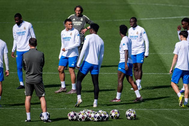 Real Madrid CF Training Session And press conference, PK, Pressekonferenz - UEFA Champions League 2025 26 Quarter-Final First Leg MADRID, SPAIN - APRIL 6: Players of Real Madrid (from L to R) Antonio Rudiger, Kylian Mbappe, Aurelien Tchouameni, Vinicius Junior, Ferland Mendy are seen training during the training session and press conference ahead of the UEFA Champions League 2025 26 Quarter-Final First Leg against FC Bayern München at Ciudad Real Madrid on April 6, 2026 in Madrid, Spain. Valdebebas Ciudad Real Madrid Madrid Spain Copyright: xAlbertoxGardinx AGardin_20260606_Foot_Champ_Real_Madrid_PC_0638