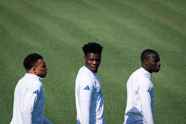 Real Madrid CF s Kylian Mbappe, Aurelien Tchouameni and Ferland Mendy during the training session prior to the Champions League Quarter-finals, first leg against Bayern Munchen. April 6, 2026. (2026040606)
