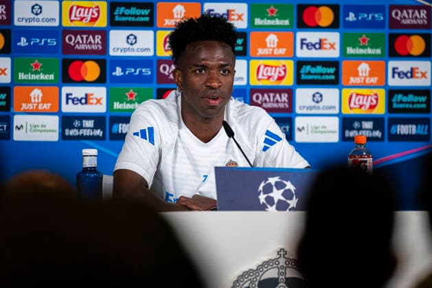 REAL MADRID V BAYERN MUNCHEN. CHAMPIONS LEAGUE 2025 2026. QUARTER-FINALS. 1ST LEG. Real Madrid CF s Vinicius Junior during the press conference, PK, Pressekonferenz prior to the Champions League Quarter-finals, first leg against Bayern Munchen. April 6, 2026. (ALTERPHOTOS Tomas Garrido) MadridSpain  Copyright: xTomasxGarridox