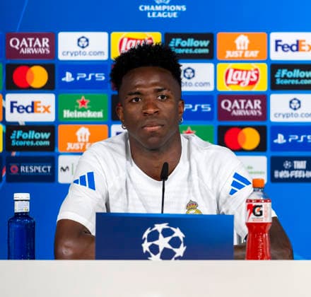 06 04 2026, Football UEFA Champions League 2025 2026 Before the quarter-finals, Real Madrid FC Bayern Munich, Real Madrid press conference at the Estadio Bernabeu in Madrid Spain, Vinicius Junior Real Madrid in front of the journalists on the day before the match