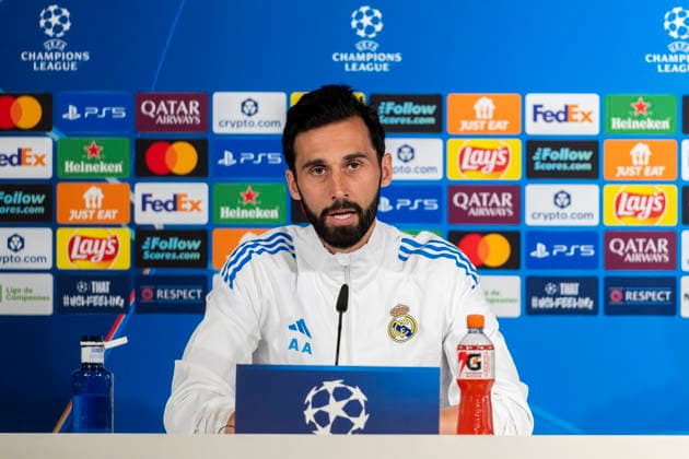 06 04 2026, Football UEFA Champions League 2025 2026 Before the quarter-finals, Real Madrid FC Bayern Munich, The day before the match press conference of Real Madrid at the Estadio Bernabeu in Madrid Spain , Coach Alvaro Arbeloa Real Madrid at the press conference in front of the journalists