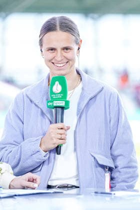 Klara Bühl 17 FC Bayern in a good mood in an interview with Sky at the DFB Cup semi-final FC Bayern Munich SGS Essen on 06 04 2026 in Munich Munich FC Bayern Campus Bayern Germany