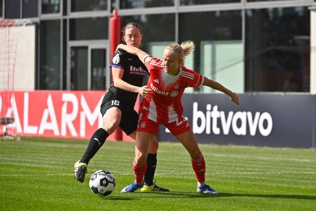 Pernile HARDER FCB , action,duel against Lena OSTERMEIER E FC Bayern Muenchen SGS Essen Soccer DFB Cup Semifinal Women on 06 04 2026 FC BAYERN CAMPUS