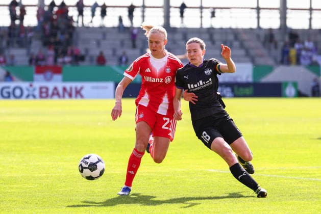 Pernille Harder 21, FC Bayern Munich and Lena Ostermeier 18, SGS Essen at the match between FC Bayern Munich v SGS Essen, Football, Women, DFB Cup Women, 2025 2026, Semi Final on 06 04 2026 in Munich, FC Bayern Campus Bayern Germany