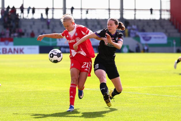 Pernille Harder 21, FC Bayern Munich and Lena Ostermeier 18, SGS Essen at the match between FC Bayern Munich v SGS Essen, Football, Women, DFB Cup Women, 2025 2026, Semi Final on 06 04 2026 in Munich, FC Bayern Campus Bayern Germany