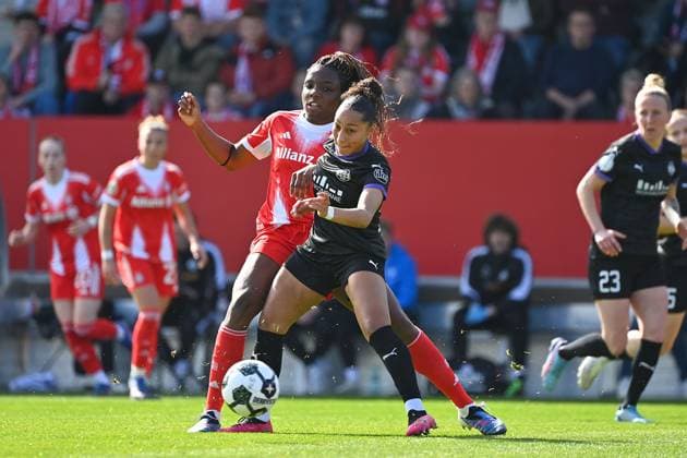Edna IMADE FCB , action,duel against Ella Emilia TOUON MBENOUN E FC Bayern Muenchen SGS Essen Soccer DFB Cup Semifinal Women on 06 04 2026 FC BAYERN CAMPUS