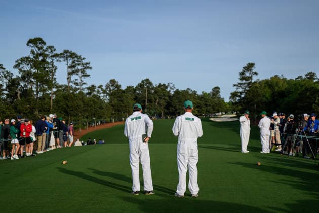 260406 The caddies of Nick Taylor of Canada and Alex Noren of Sweden take notes during a practice round prior to the 2026 Masters Golf Tournament on April 6, 2026 in Augusta Photo Petter Arvidson BILDBYRAN kod PA PA1190 golf masters bbeng the masters augusta caddie genre  Copyright: PETTERxARVIDSON BB260406PA021