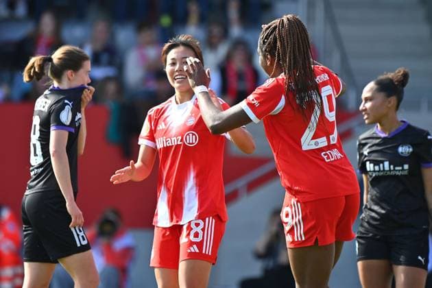 Goal celebration around Momoko TANIKAWA FCB after goal to 1 0 with Edna IMADE FCB , cheering,joy,enthusiasm,action, FC Bayern Muenchen SGS Essen Football DFB Cup Semi-Final Women on 06 04 2026 FC BAYERN CAMPUS