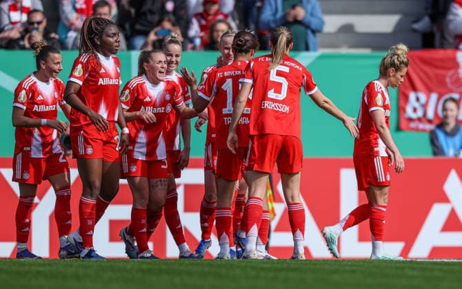 GER, Munich, FC Bayern Munich vs SGS Essen, DFB Cup Women, Football, DFB, 2025 2026 season, FC Bayern Campus, semi-final in picture Pernille Harder Bayern Munich 21 , 2 0, goal, cheers and joy, emotions DFB DFL REGULATIONS PROHIBIT ANY USE OF PHOTOGRAPHS AS IMAGE SEQUENCES AND OR QUASI VIDEO, 06 04 2026 Copyright: HMBxMedia HendrikxHamelau