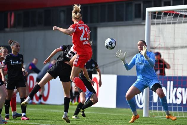 Goal Pernile HARDER FCB to 2 0, Action,Header FC Bayern Muenchen SGS Essen Soccer DFB Cup Semi-Final Women on 06 04 2026 FC BAYERN CAMPUS