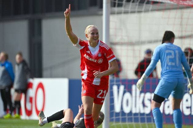 Goal celebration Pernile HARDER FCB after goal to 2 0 Cheering,joy,enthusiasm,action, FC Bayern Muenchen SGS Essen Soccer DFB Cup Semi-Final Women on 06 04 2026 FC BAYERN CAMPUS