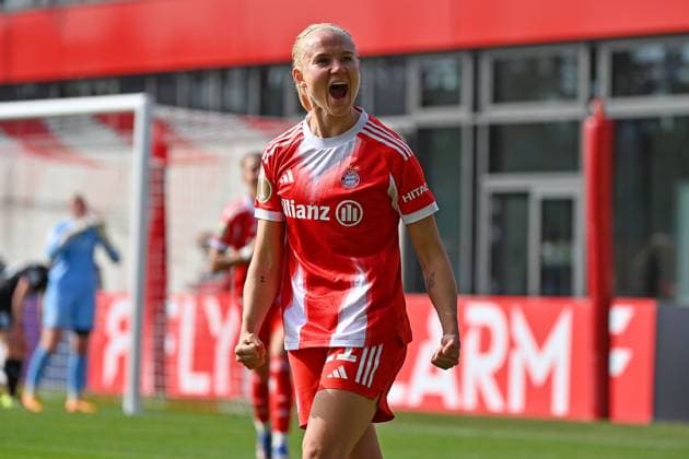 Goal celebration Pernile HARDER FCB after goal to 2 0 Cheering,joy,enthusiasm,action, FC Bayern Muenchen SGS Essen Soccer DFB Cup Semi-Final Women on 06 04 2026 FC BAYERN CAMPUS