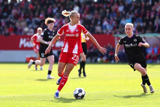 Pernille Harder 21, FC Bayern Munich and Paula Flach 5, SGS Essen at the match between FC Bayern Munich v SGS Essen, Football, Women, DFB Cup Women, 2025 2026, Semi Final on 06 04 2026 in Munich, FC Bayern Campus Bayern Germany