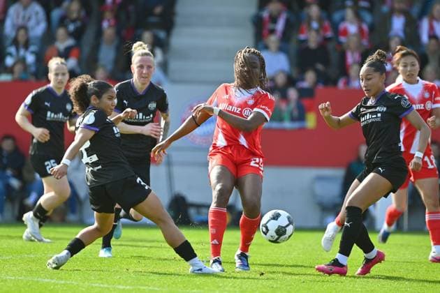 Edna IMADE FCB , action,duel against li Ella Emilie TOUON MBENOUN E FC Bayern Muenchen SGS Essen Soccer DFB Cup Semi-Final Women on 06 04 2026 FC BAYERN CAMPUS