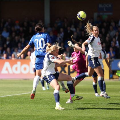 Sam Kerr of Chelsea Women heads the opening goal to make it 1-0 during the Women s FA Cup Quarter Final match between Chelsea Women and Tottenham Hotspur Women at Kingsmeadow Stadium, Kingston, England on 6 April 2026. Copyright: xKenxSparksx 44810003