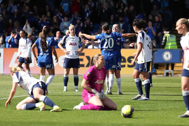 Sam Kerr of Chelsea Women heads the opening goal to make it 1-0 and celebrates during the Women s FA Cup Quarter Final match between Chelsea Women and Tottenham Hotspur Women at Kingsmeadow Stadium, Kingston, England on 6 April 2026. Copyright: xKenxSparksx 44810006