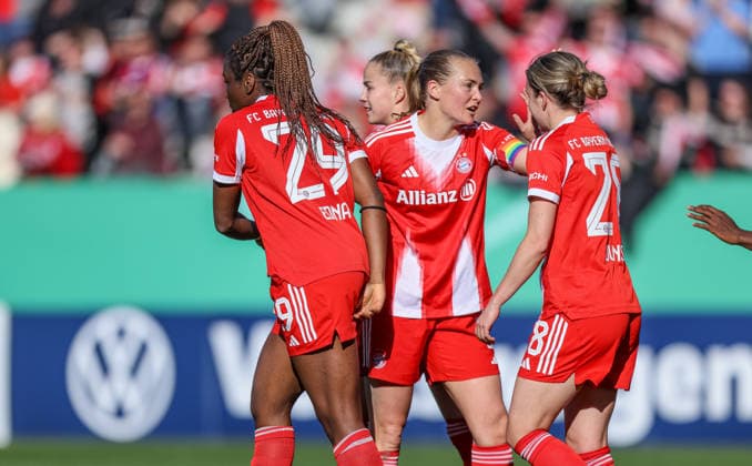 GER, Munich, FC Bayern Munich vs SGS Essen, DFB Cup Women, Football, DFB, 2025 2026 season, FC Bayern Campus, semi-final in the picture Edna Imade FC Bayern Munich , goal to 4 0, goal, jubilation and joy, emotions with Magdalena Eriksson Bayern Munich 5 DFB DFL REGULATIONS PROHIBIT ANY USE OF PHOTOGRAPHS AS IMAGE SEQUENCES AND OR QUASI VIDEO, 06 04 2026 Copyright: HMBxMedia HendrikxHamelau