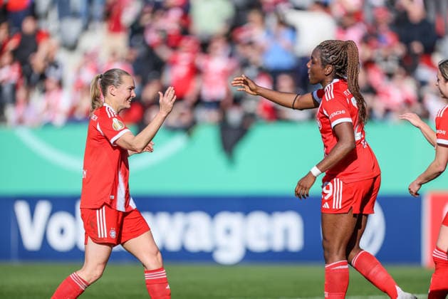 GER, Munich, FC Bayern Munich vs SGS Essen, DFB Cup Women, Football, DFB, 2025 2026 season, FC Bayern Campus, semi-final in the picture Edna Imade FC Bayern Munich , goal to 4 0, goal, jubilation and joy, emotions with Magdalena Eriksson Bayern Munich 5 DFB DFL REGULATIONS PROHIBIT ANY USE OF PHOTOGRAPHS AS IMAGE SEQUENCES AND OR QUASI VIDEO, 06 04 2026 Copyright: HMBxMedia HendrikxHamelau